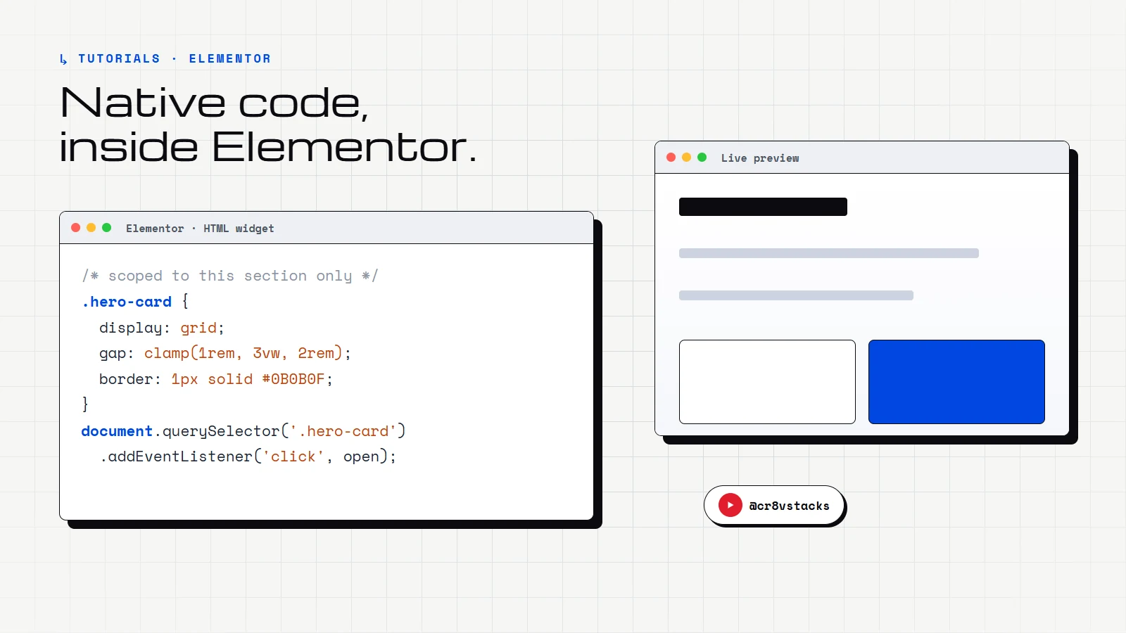 Native CSS and JavaScript written inside an Elementor HTML widget, with a live preview beside it