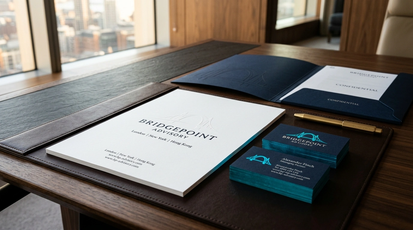 Photorealistic Luxury Stationery Suite — Debossed Arch Letterhead, Presentation Folder & Foil Cards