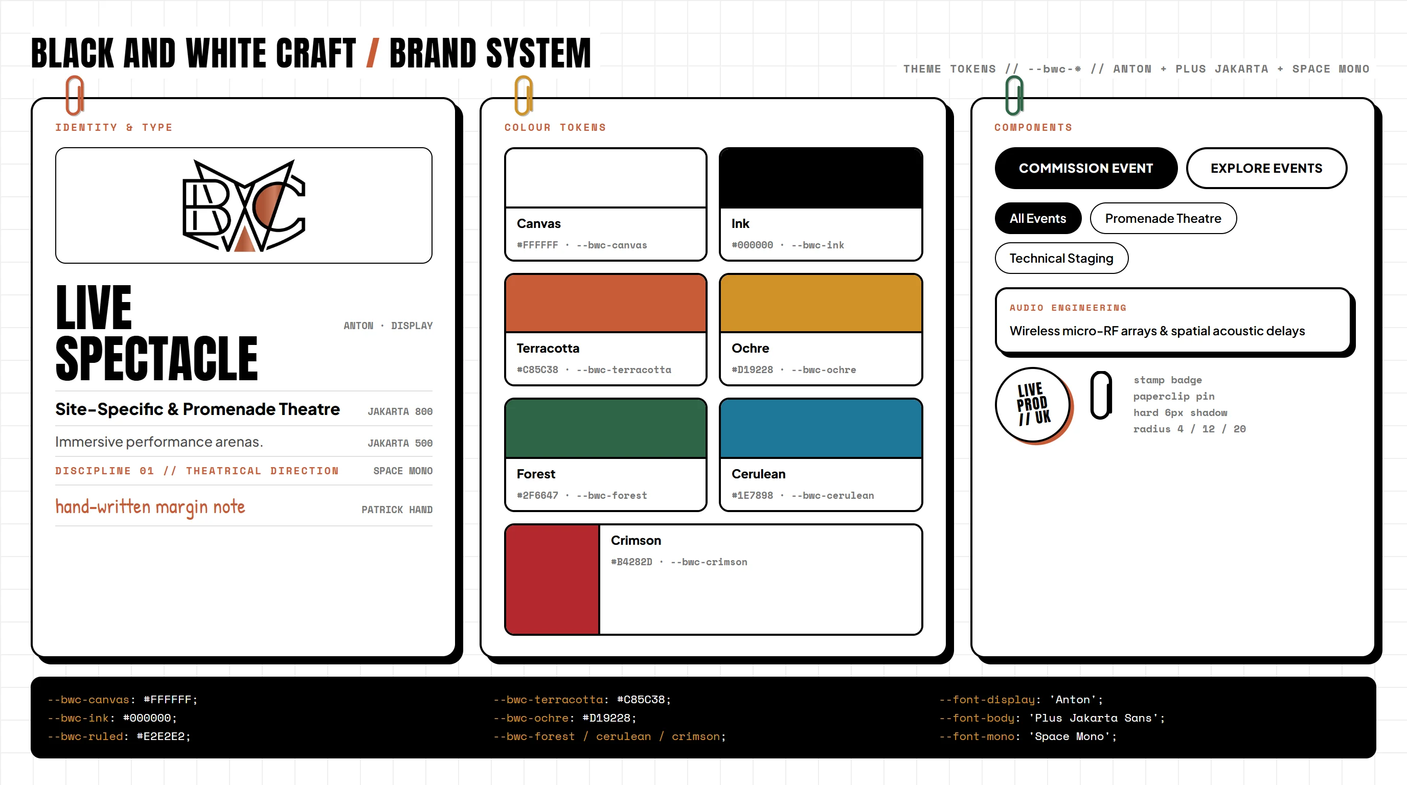 Black and White Craft brand system sheet showing logo, type ladder, seven colour tokens with hex values, buttons, filter pills, spec card, stamp, paperclip and token manifest