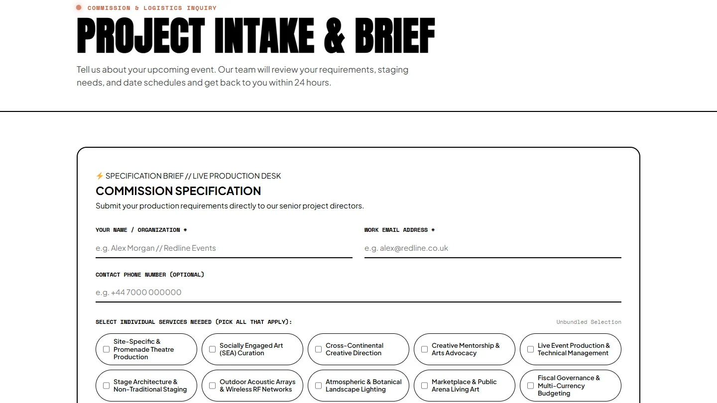 Black and White Craft project intake and brief form with ten rounded service pills
