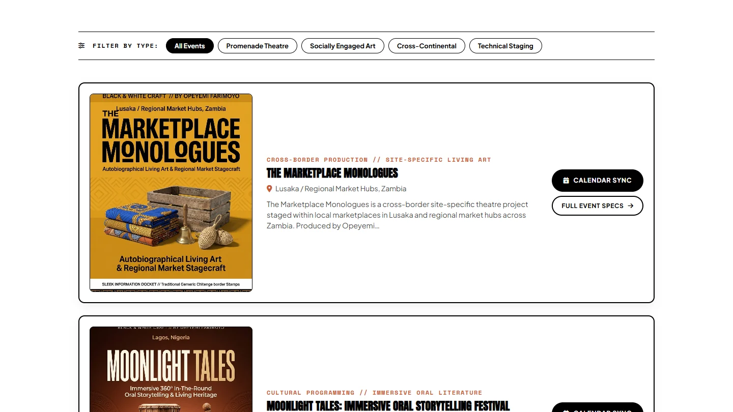 Black and White Craft events page with discipline filter pills and full-width production cards