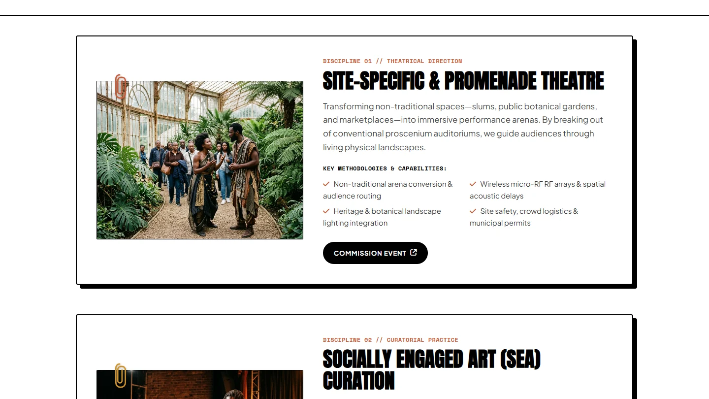 Black and White Craft services page with the Site-Specific and Promenade Theatre discipline card