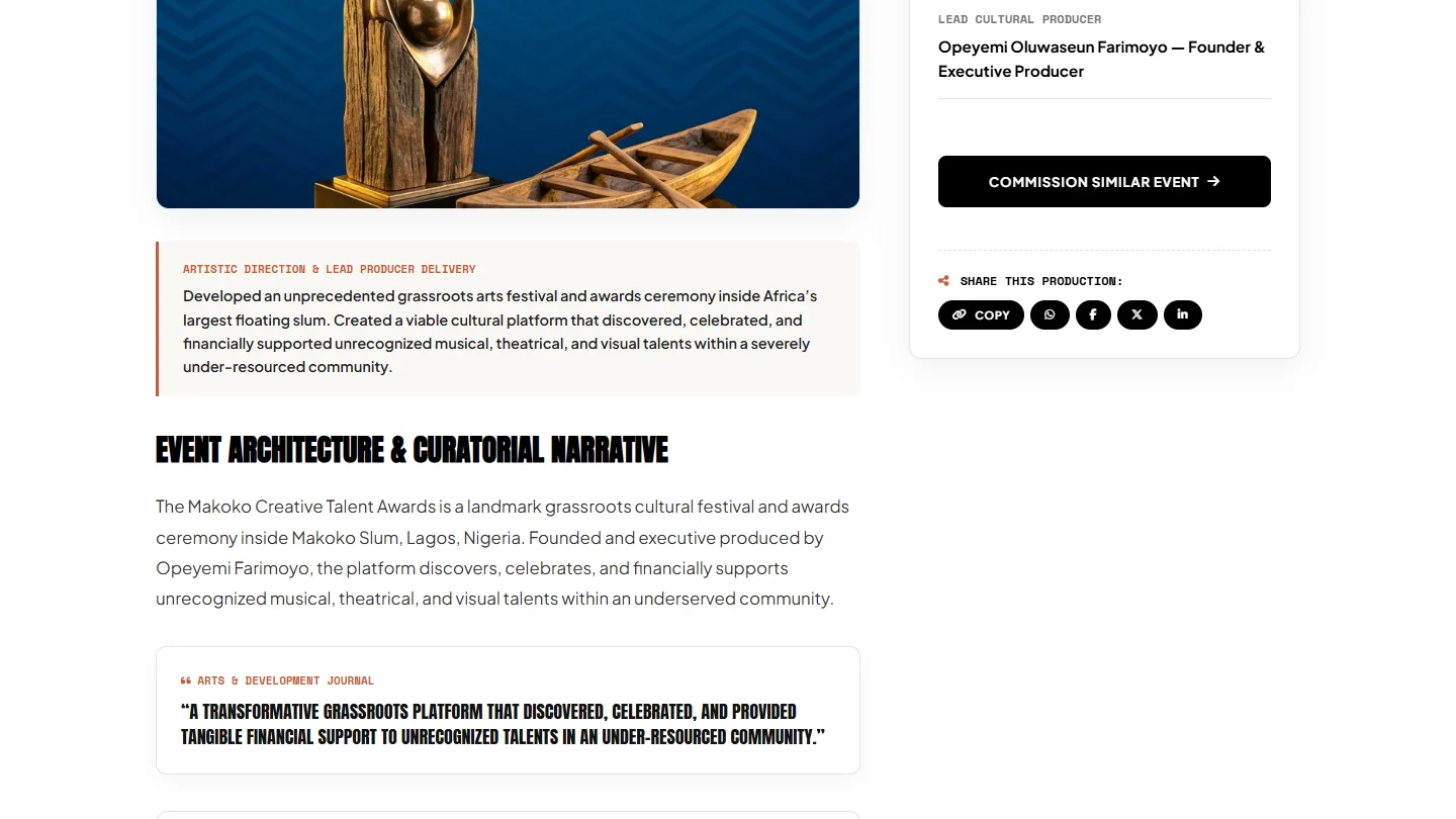 Makoko Creative Talent Awards production dossier with artistic direction callout, narrative, press quote and sticky production panel