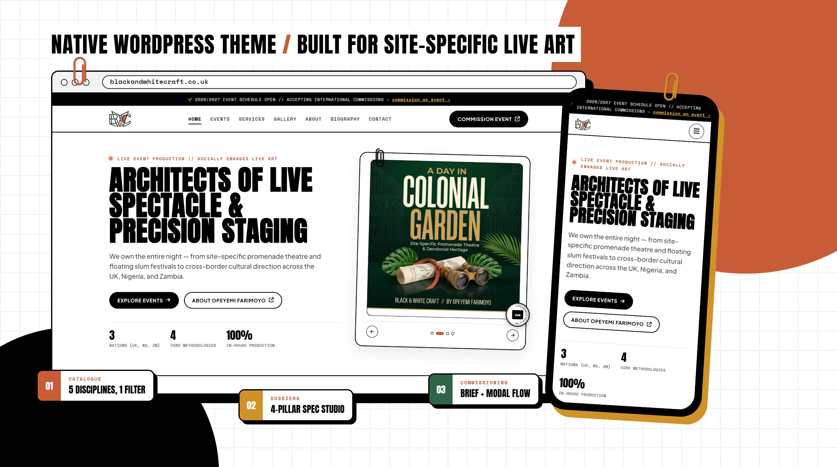 Black and White Craft homepage on desktop and mobile, with three platform tags: five disciplines with one filter, four-pillar spec studio, brief and modal flow