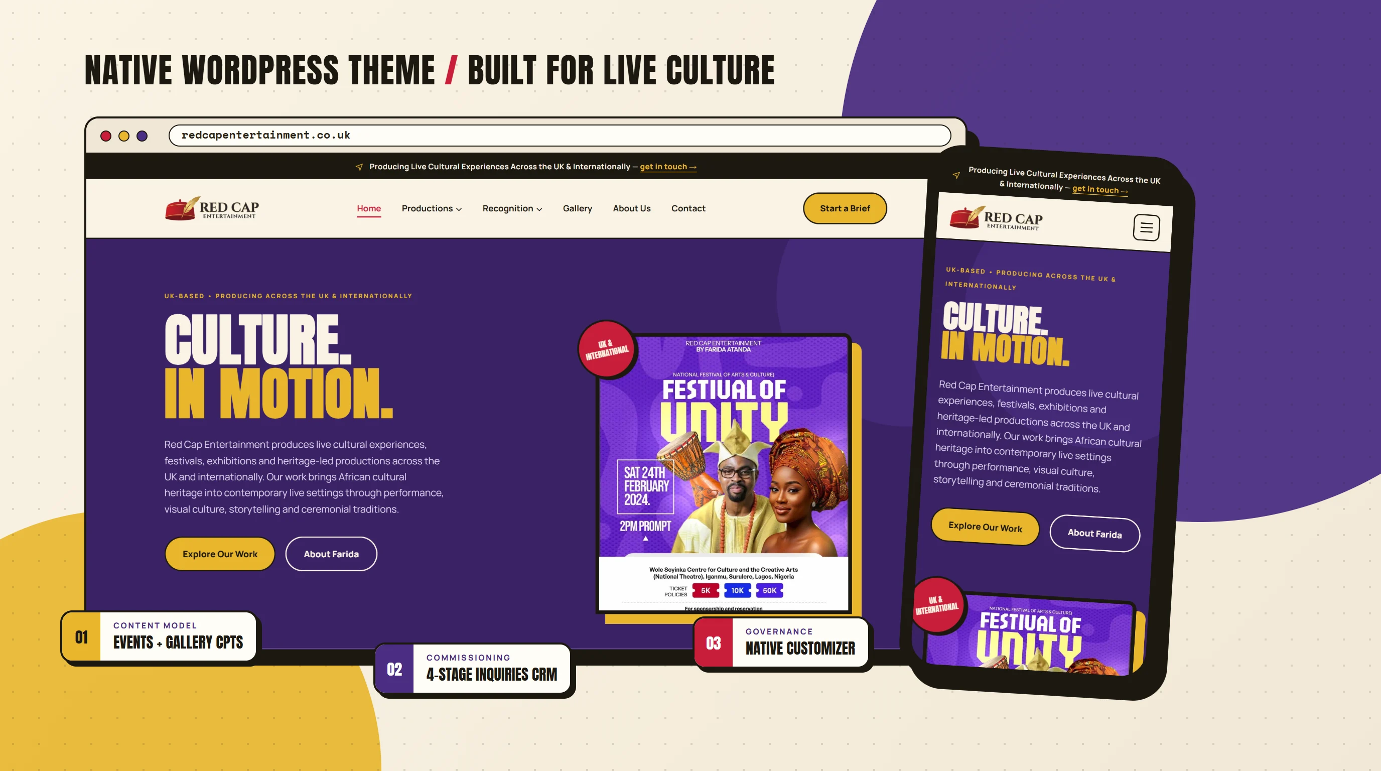 Red Cap Entertainment homepage on desktop and mobile, with three platform tags: Events and Gallery post types, four-stage Inquiries CRM, native Customizer