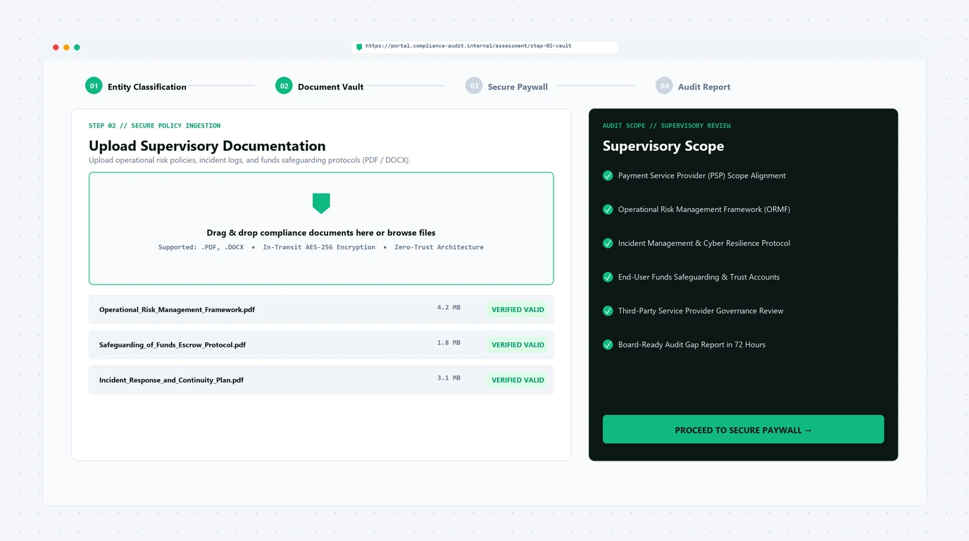 4-Step Regulatory Assessment & Multi-Document Upload Wizard