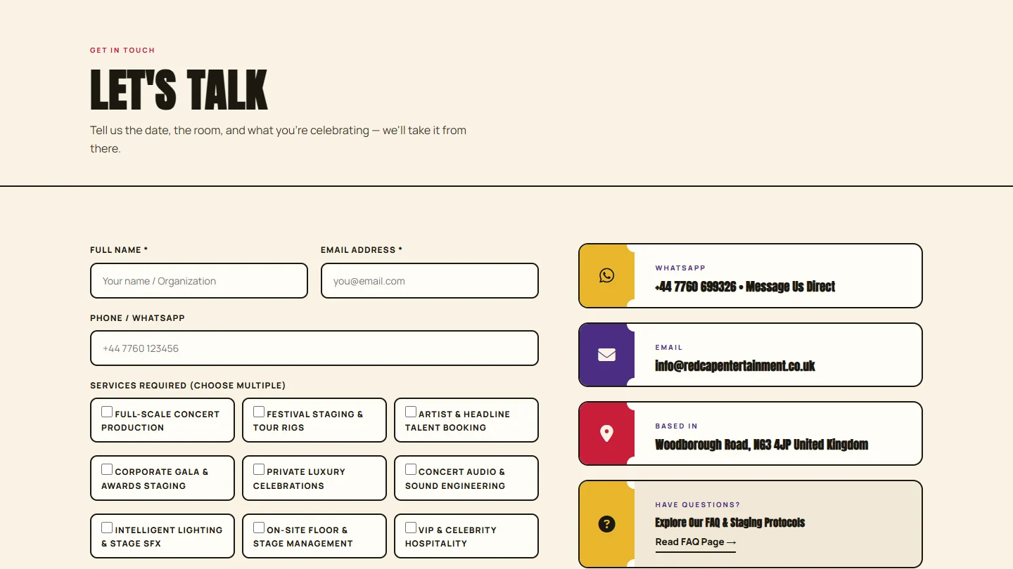 Red Cap Let's Talk contact form with ten service cards and ticket-style contact tiles