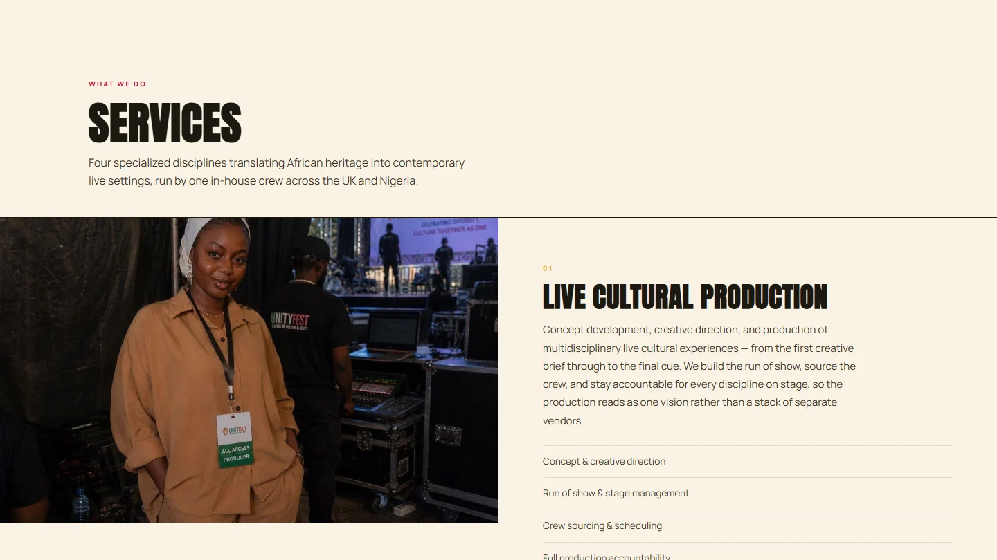 Red Cap services page with the Live Cultural Production discipline row and deliverable checklist